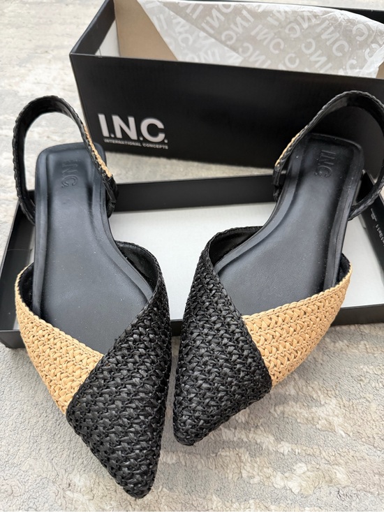 INC International Concepts Shoes - New! INC International Concepts Black & Beige Woven Pointed Flats